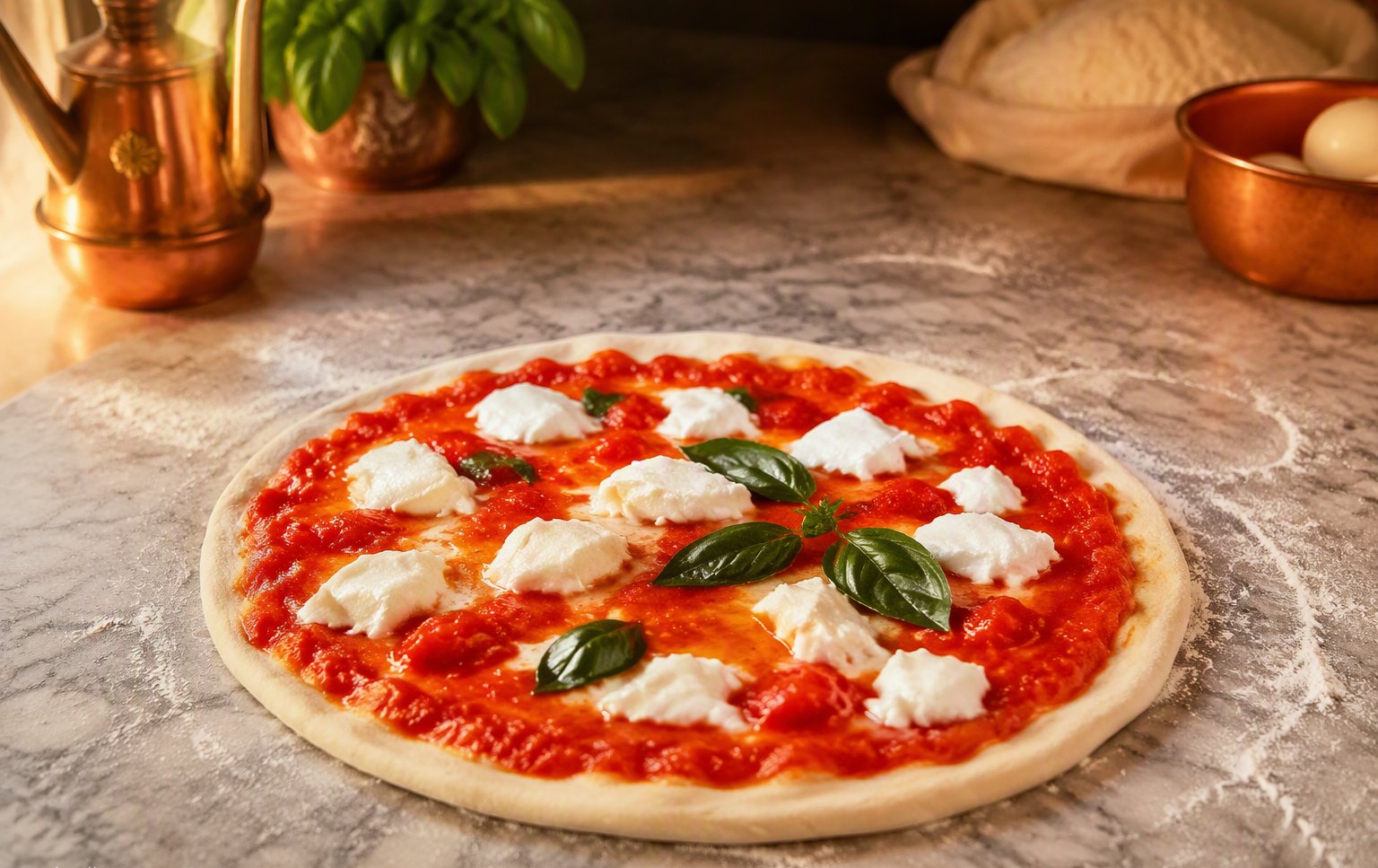 La margherita con pomodoro, fiordilatte e basilico prima del forno